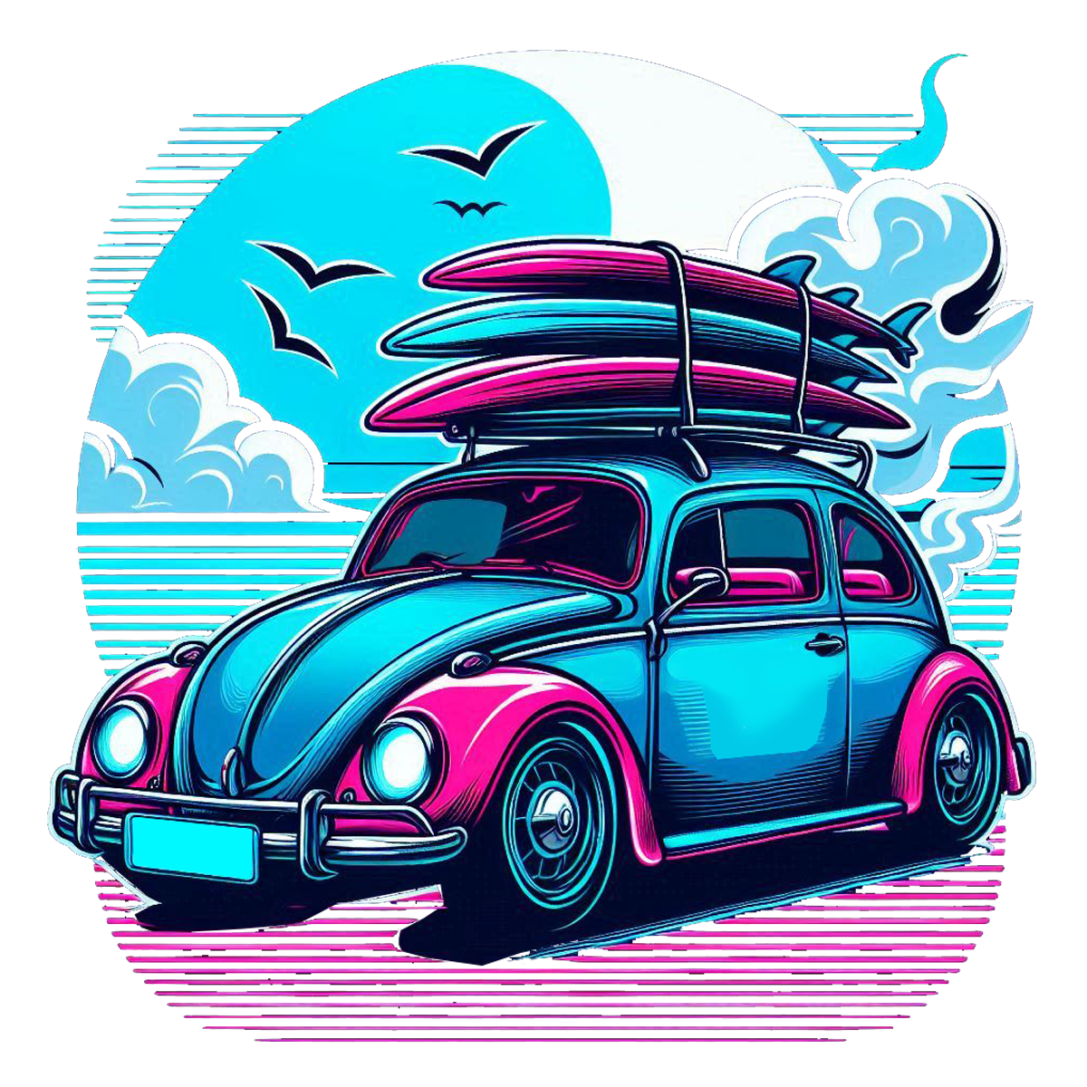 VW Bug Surf Car Die Cut Sticker from Sticker Gator 