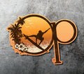 Logo with a surfer, palm trees, and flowers on an orange background with a gray textured border.
