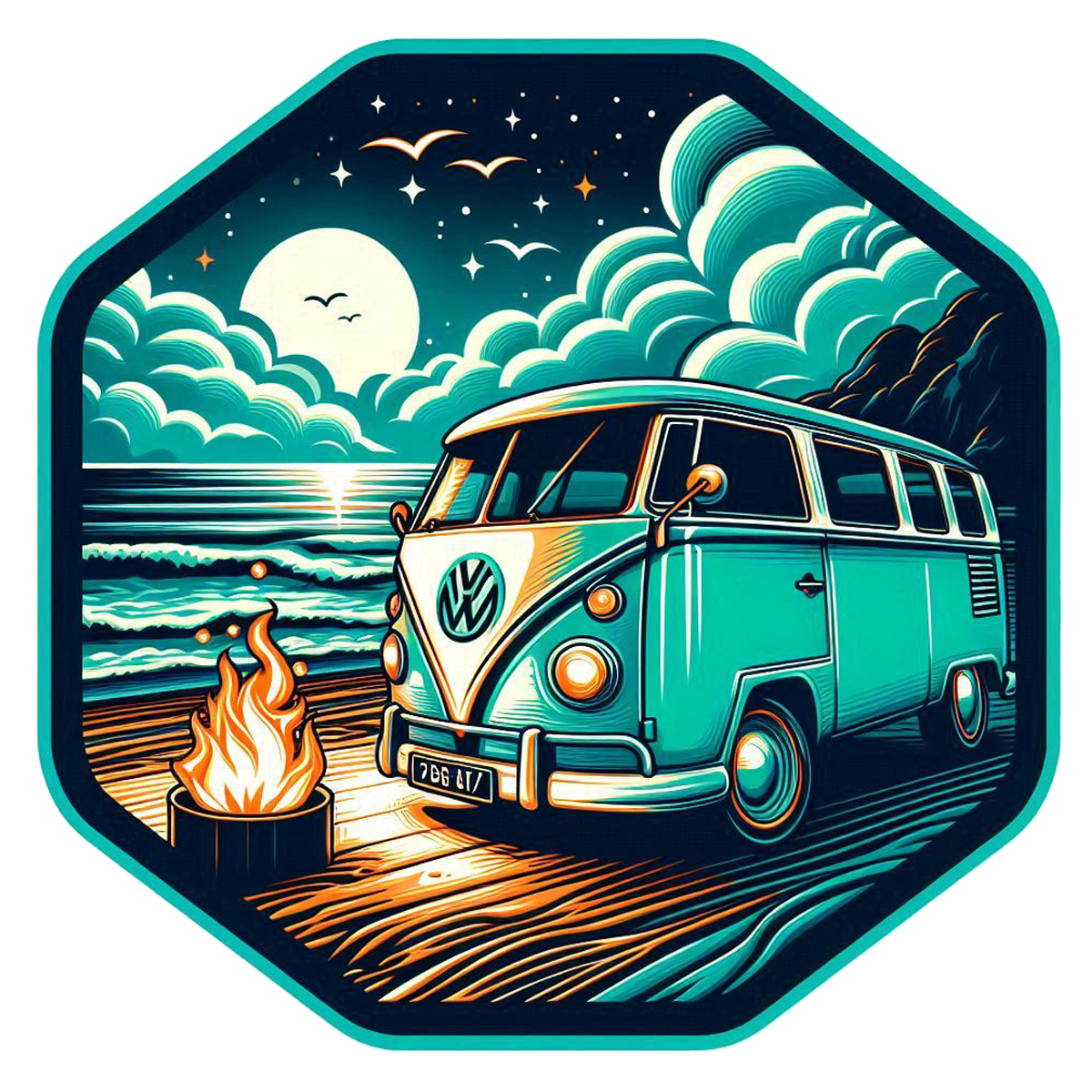 VW van by a campfire with a beach and moonlit sky in the background