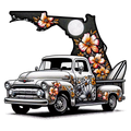 Floral-decorated truck with a stylized map of Florida on a white background