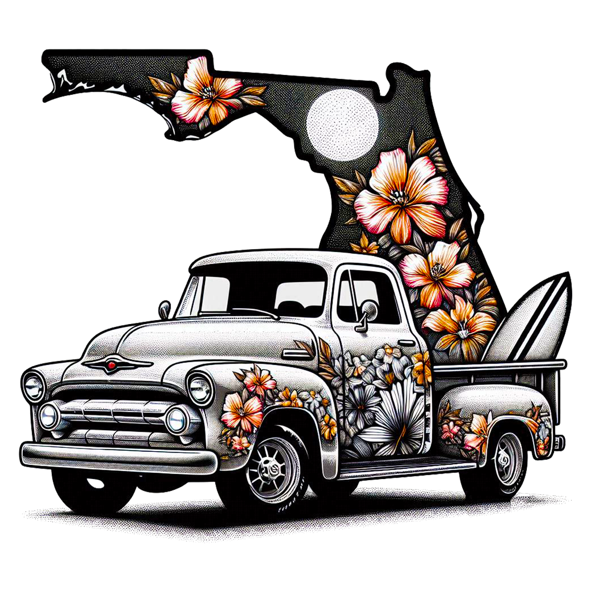 Floral-decorated truck with a stylized map of Florida on a white background