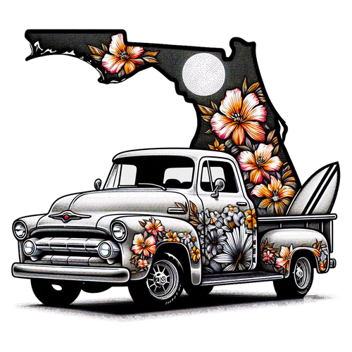 Floral-decorated truck with a stylized map of Florida on a white background