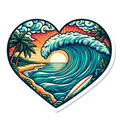 Heart-shaped design with a tropical scene featuring a wave, palm tree, and sunset.