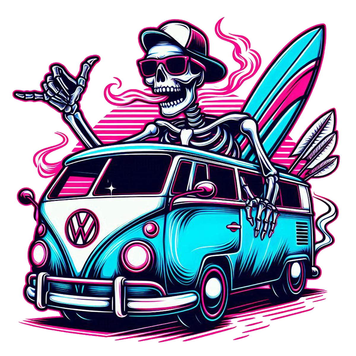 VW Bus Shaka Skeleton Surf Car Die Cut Sticker from Sticker Gator