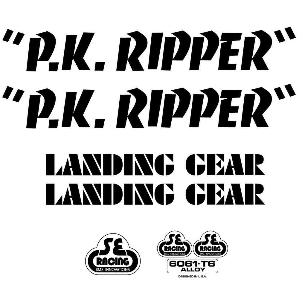 Stylized text 'P.K. Ripper' and 'Landing Gear' with branding logos on a white background
