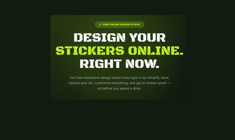 Promotional text for designing stickers online with a free interactive design studio.