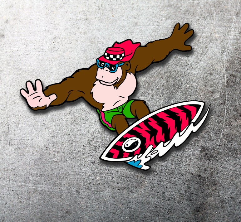 Cartoon character on a surfboard with a red and black pattern on a gray background