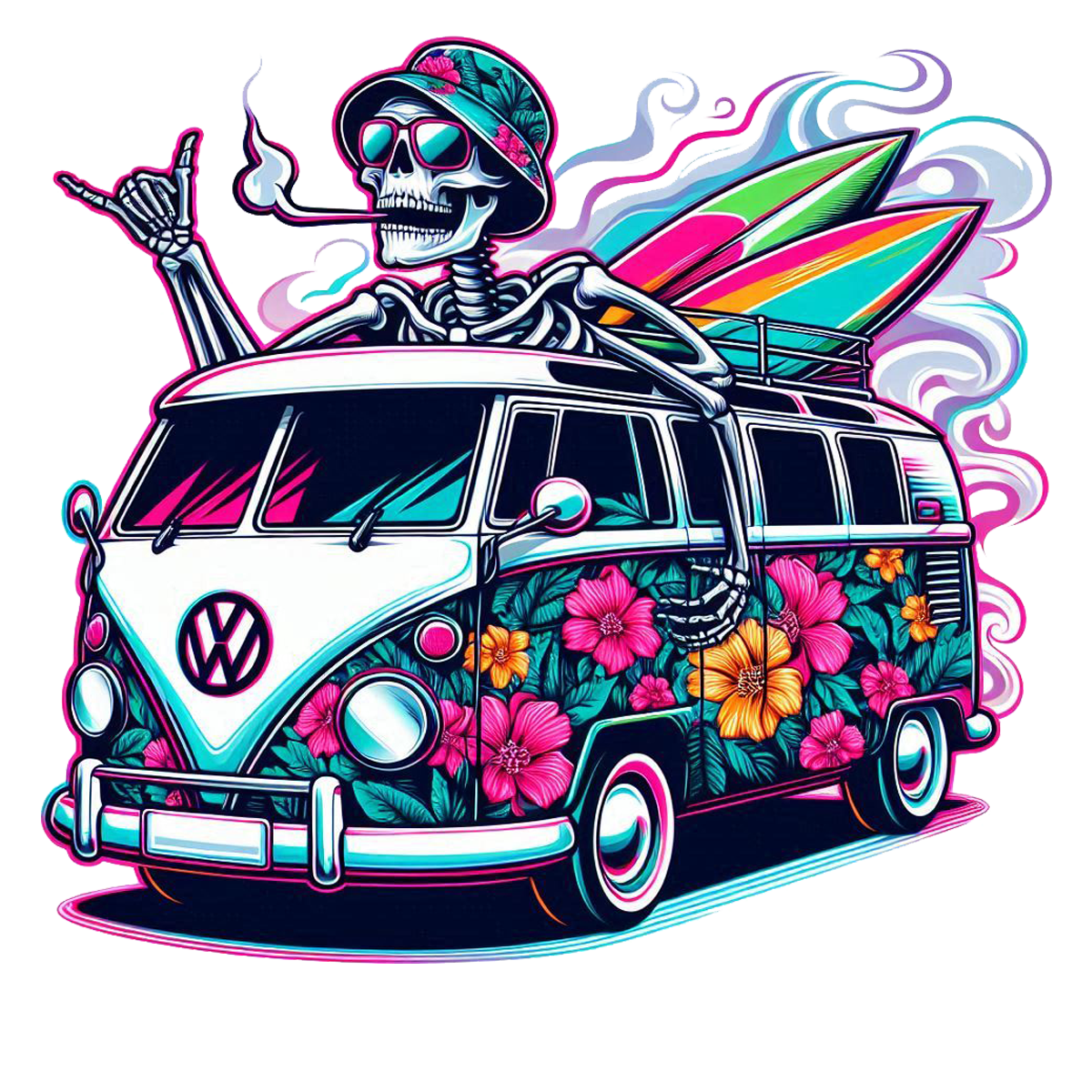 Colorful illustration of a skeleton on a floral Volkswagen van with surfboard and flowers.