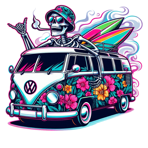 Colorful illustration of a skeleton on a floral Volkswagen van with surfboard and flowers.