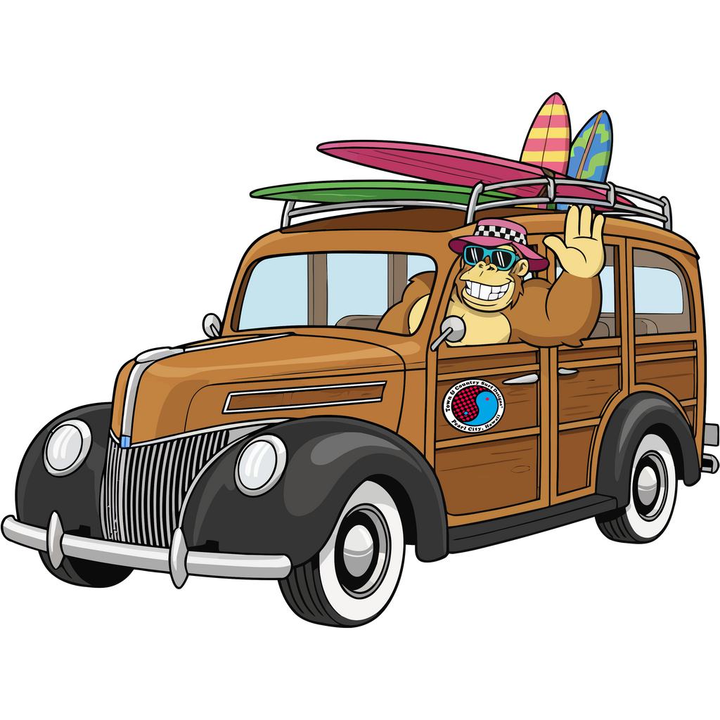 Surf Goilla driving a Woody Die Cut Sticker from Sticker Gator