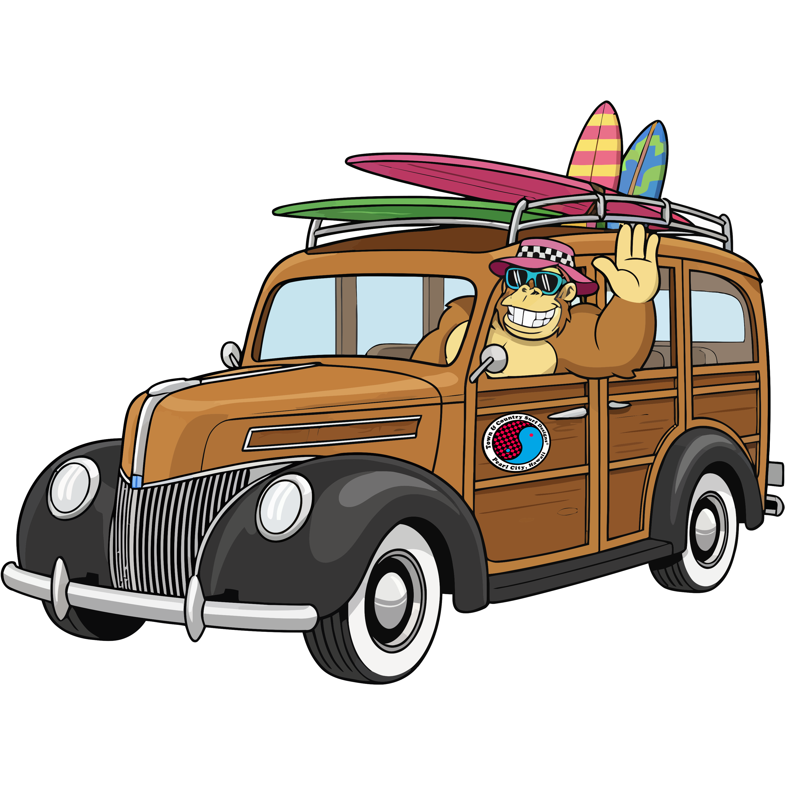 Surf Goilla driving a Woody Die Cut Sticker from Sticker Gator